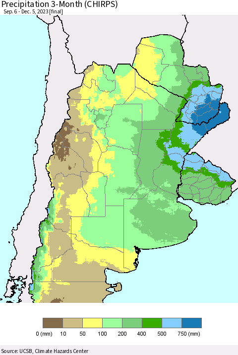 Southern South America Precipitation 3-Month (CHIRPS) Thematic Map For 9/6/2023 - 12/5/2023