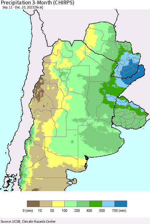Southern South America Precipitation 3-Month (CHIRPS) Thematic Map For 9/11/2023 - 12/10/2023