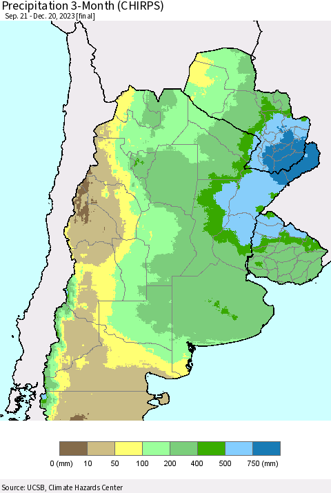 Southern South America Precipitation 3-Month (CHIRPS) Thematic Map For 9/21/2023 - 12/20/2023