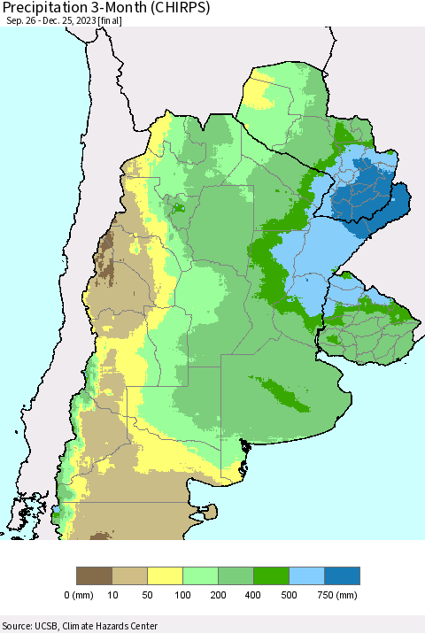 Southern South America Precipitation 3-Month (CHIRPS) Thematic Map For 9/26/2023 - 12/25/2023