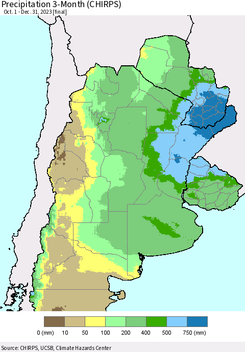 Southern South America Precipitation 3-Month (CHIRPS) Thematic Map For 10/1/2023 - 12/31/2023
