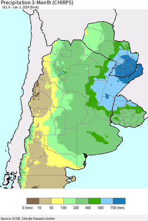 Southern South America Precipitation 3-Month (CHIRPS) Thematic Map For 10/6/2023 - 1/5/2024