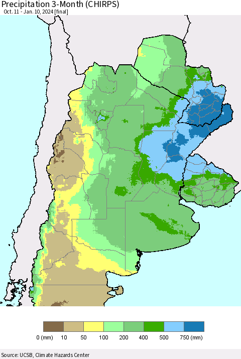 Southern South America Precipitation 3-Month (CHIRPS) Thematic Map For 10/11/2023 - 1/10/2024