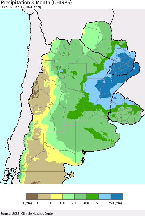 Southern South America Precipitation 3-Month (CHIRPS) Thematic Map For 10/16/2023 - 1/15/2024