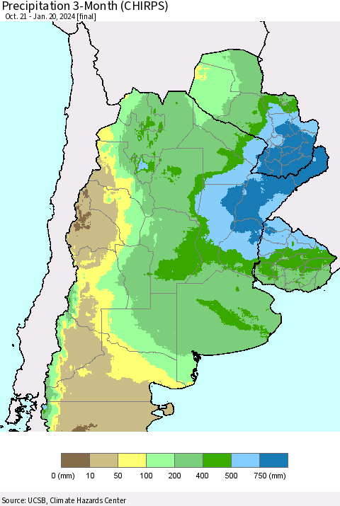 Southern South America Precipitation 3-Month (CHIRPS) Thematic Map For 10/21/2023 - 1/20/2024