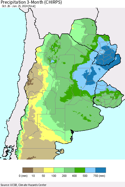 Southern South America Precipitation 3-Month (CHIRPS) Thematic Map For 10/26/2023 - 1/25/2024