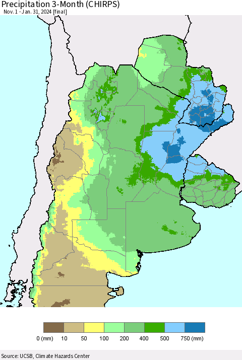 Southern South America Precipitation 3-Month (CHIRPS) Thematic Map For 11/1/2023 - 1/31/2024