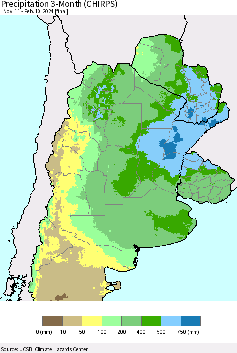 Southern South America Precipitation 3-Month (CHIRPS) Thematic Map For 11/11/2023 - 2/10/2024