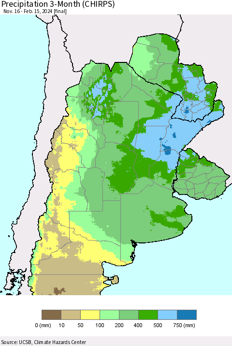 Southern South America Precipitation 3-Month (CHIRPS) Thematic Map For 11/16/2023 - 2/15/2024