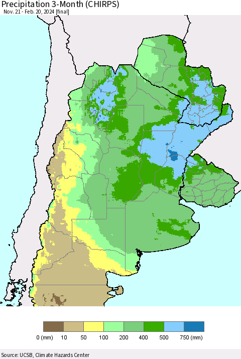 Southern South America Precipitation 3-Month (CHIRPS) Thematic Map For 11/21/2023 - 2/20/2024