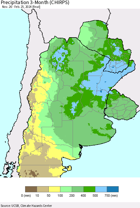 Southern South America Precipitation 3-Month (CHIRPS) Thematic Map For 11/26/2023 - 2/25/2024