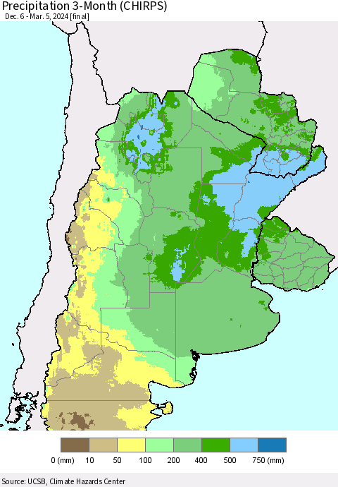 Southern South America Precipitation 3-Month (CHIRPS) Thematic Map For 12/6/2023 - 3/5/2024