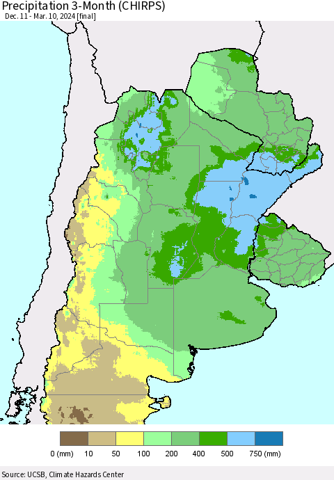 Southern South America Precipitation 3-Month (CHIRPS) Thematic Map For 12/11/2023 - 3/10/2024
