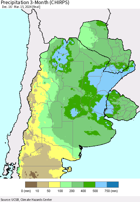 Southern South America Precipitation 3-Month (CHIRPS) Thematic Map For 12/16/2023 - 3/15/2024
