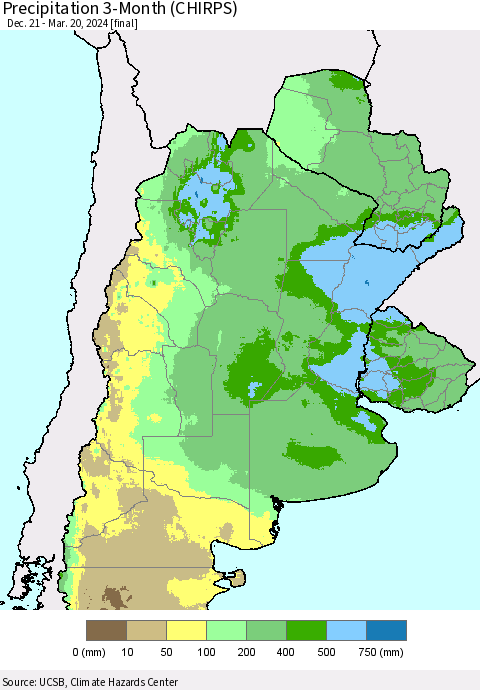 Southern South America Precipitation 3-Month (CHIRPS) Thematic Map For 12/21/2023 - 3/20/2024