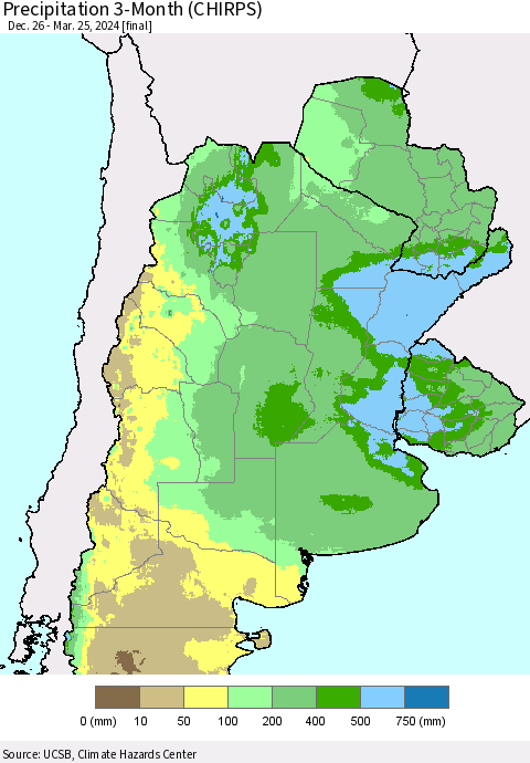 Southern South America Precipitation 3-Month (CHIRPS) Thematic Map For 12/26/2023 - 3/25/2024