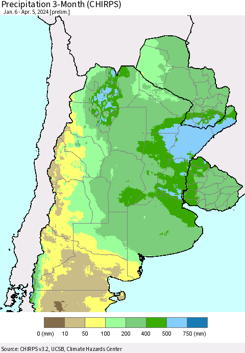 Southern South America Precipitation 3-Month (CHIRPS) Thematic Map For 1/6/2024 - 4/5/2024