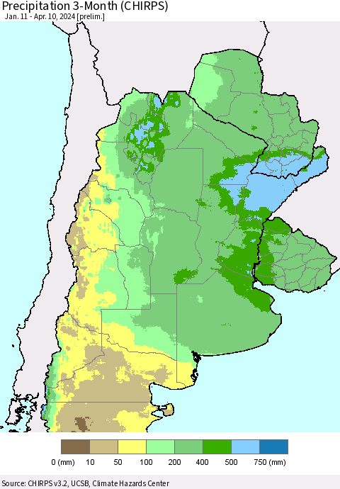 Southern South America Precipitation 3-Month (CHIRPS) Thematic Map For 1/11/2024 - 4/10/2024