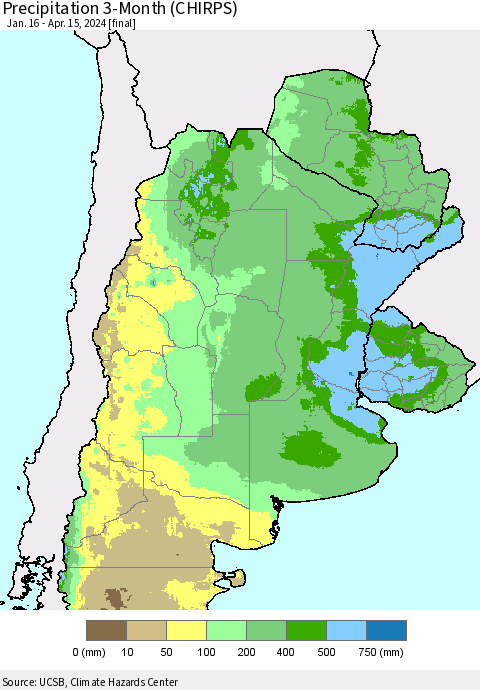 Southern South America Precipitation 3-Month (CHIRPS) Thematic Map For 1/16/2024 - 4/15/2024