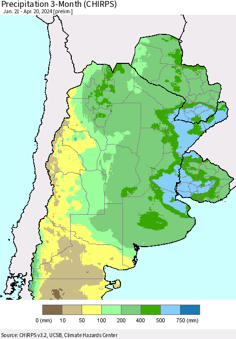 Southern South America Precipitation 3-Month (CHIRPS) Thematic Map For 1/21/2024 - 4/20/2024