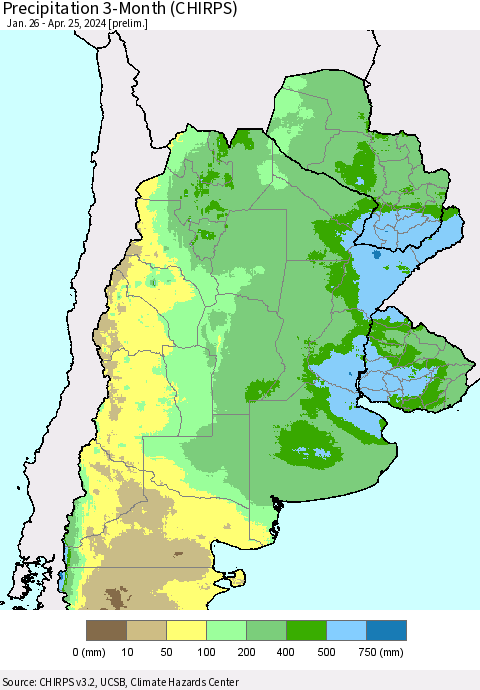 Southern South America Precipitation 3-Month (CHIRPS) Thematic Map For 1/26/2024 - 4/25/2024