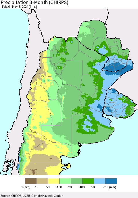 Southern South America Precipitation 3-Month (CHIRPS) Thematic Map For 2/6/2024 - 5/5/2024