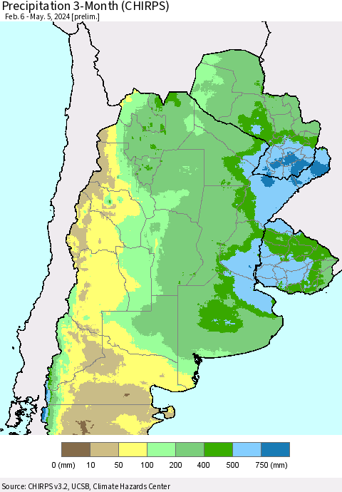 Southern South America Precipitation 3-Month (CHIRPS) Thematic Map For 2/6/2024 - 5/5/2024