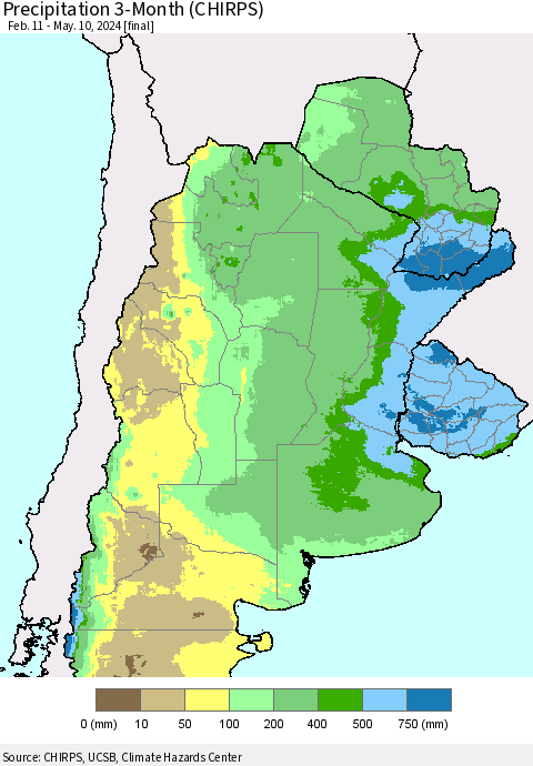 Southern South America Precipitation 3-Month (CHIRPS) Thematic Map For 2/11/2024 - 5/10/2024