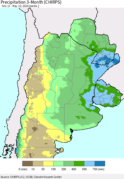 Southern South America Precipitation 3-Month (CHIRPS) Thematic Map For 2/11/2024 - 5/10/2024