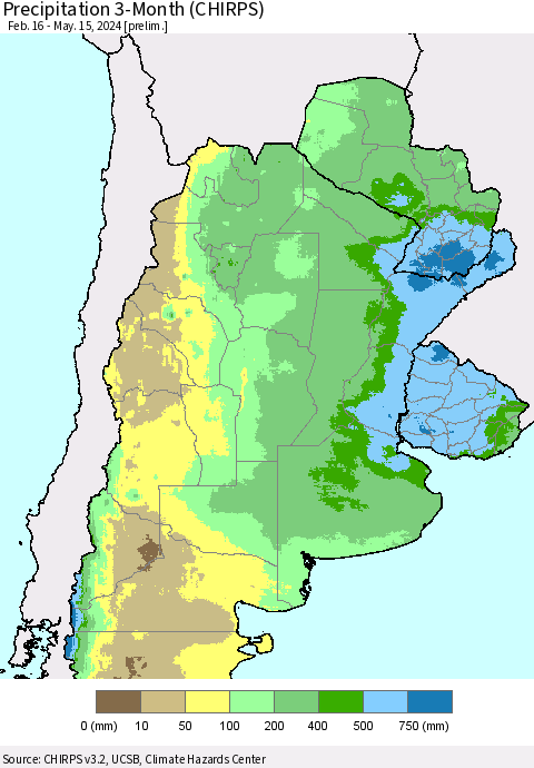 Southern South America Precipitation 3-Month (CHIRPS) Thematic Map For 2/16/2024 - 5/15/2024