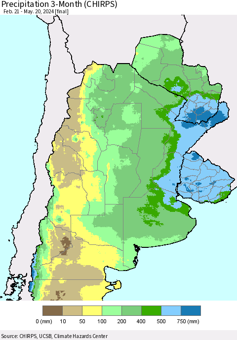 Southern South America Precipitation 3-Month (CHIRPS) Thematic Map For 2/21/2024 - 5/20/2024