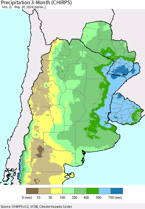 Southern South America Precipitation 3-Month (CHIRPS) Thematic Map For 2/21/2024 - 5/20/2024