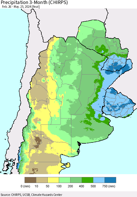 Southern South America Precipitation 3-Month (CHIRPS) Thematic Map For 2/26/2024 - 5/25/2024