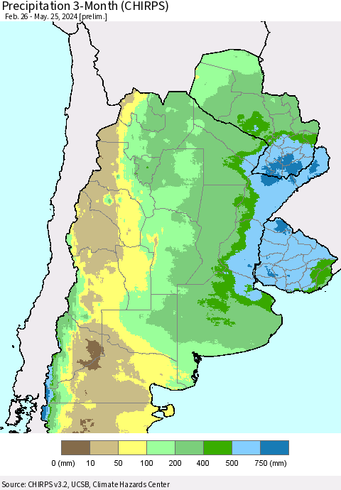 Southern South America Precipitation 3-Month (CHIRPS) Thematic Map For 2/26/2024 - 5/25/2024