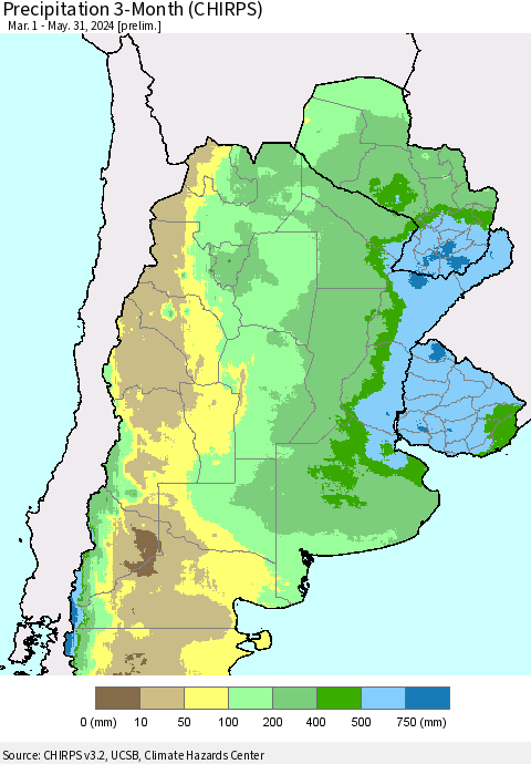 Southern South America Precipitation 3-Month (CHIRPS) Thematic Map For 3/1/2024 - 5/31/2024