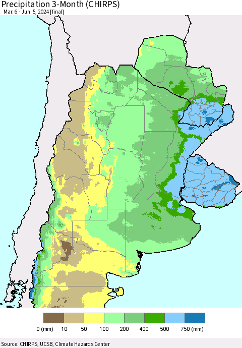 Southern South America Precipitation 3-Month (CHIRPS) Thematic Map For 3/6/2024 - 6/5/2024