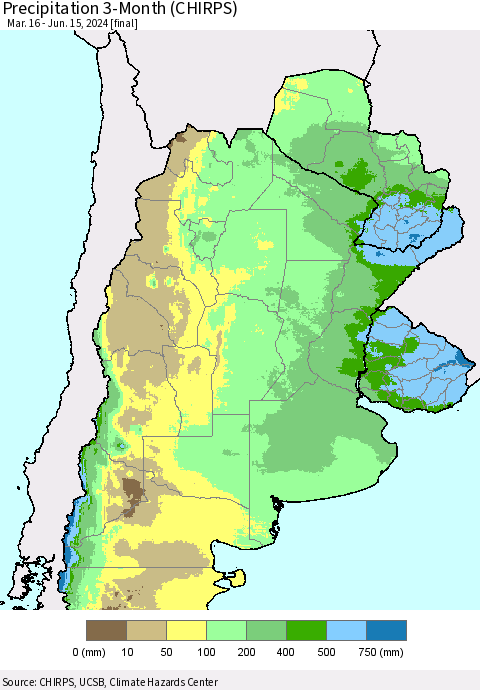 Southern South America Precipitation 3-Month (CHIRPS) Thematic Map For 3/16/2024 - 6/15/2024