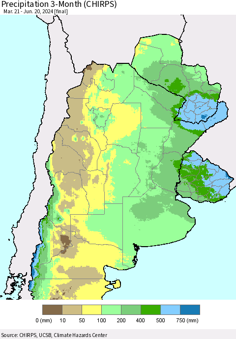 Southern South America Precipitation 3-Month (CHIRPS) Thematic Map For 3/21/2024 - 6/20/2024