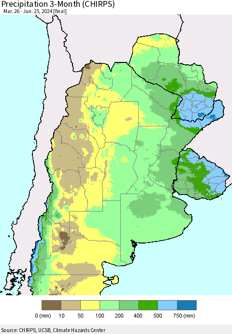 Southern South America Precipitation 3-Month (CHIRPS) Thematic Map For 3/26/2024 - 6/25/2024