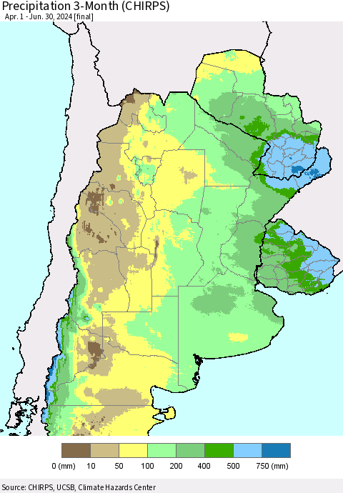 Southern South America Precipitation 3-Month (CHIRPS) Thematic Map For 4/1/2024 - 6/30/2024