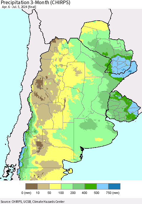 Southern South America Precipitation 3-Month (CHIRPS) Thematic Map For 4/6/2024 - 7/5/2024