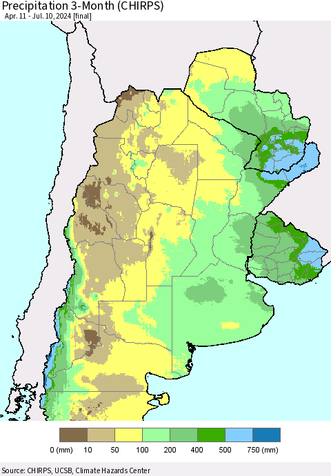 Southern South America Precipitation 3-Month (CHIRPS) Thematic Map For 4/11/2024 - 7/10/2024