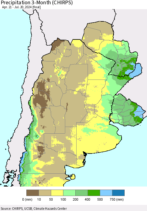 Southern South America Precipitation 3-Month (CHIRPS) Thematic Map For 4/21/2024 - 7/20/2024