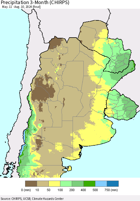 Southern South America Precipitation 3-Month (CHIRPS) Thematic Map For 5/11/2024 - 8/10/2024