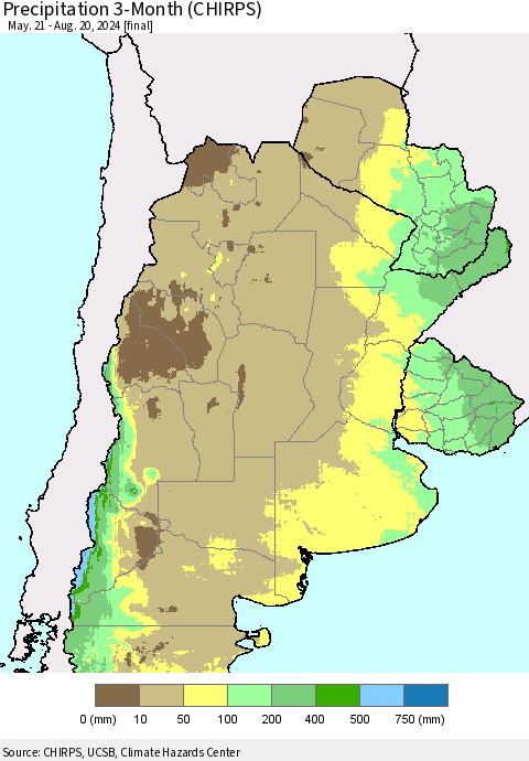Southern South America Precipitation 3-Month (CHIRPS) Thematic Map For 5/21/2024 - 8/20/2024