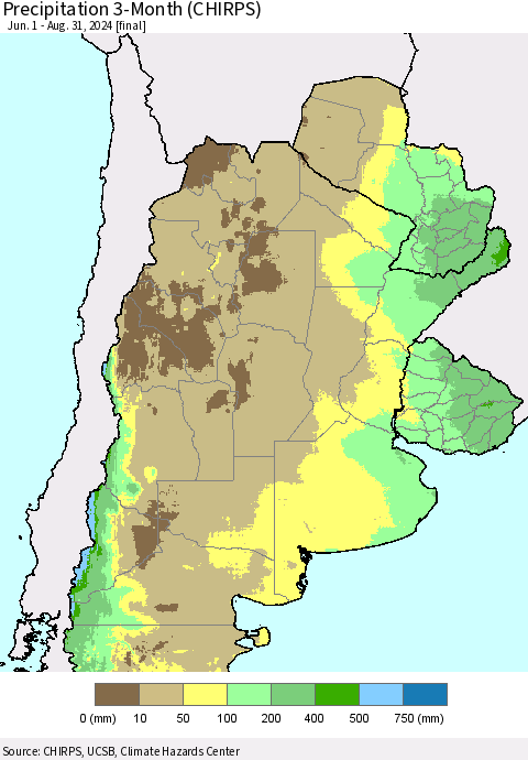 Southern South America Precipitation 3-Month (CHIRPS) Thematic Map For 6/1/2024 - 8/31/2024