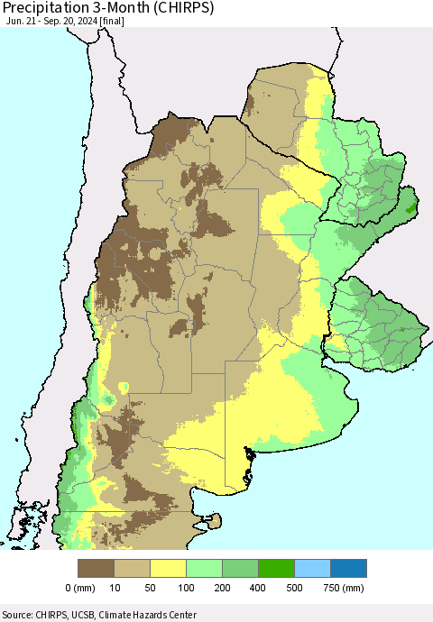 Southern South America Precipitation 3-Month (CHIRPS) Thematic Map For 6/21/2024 - 9/20/2024