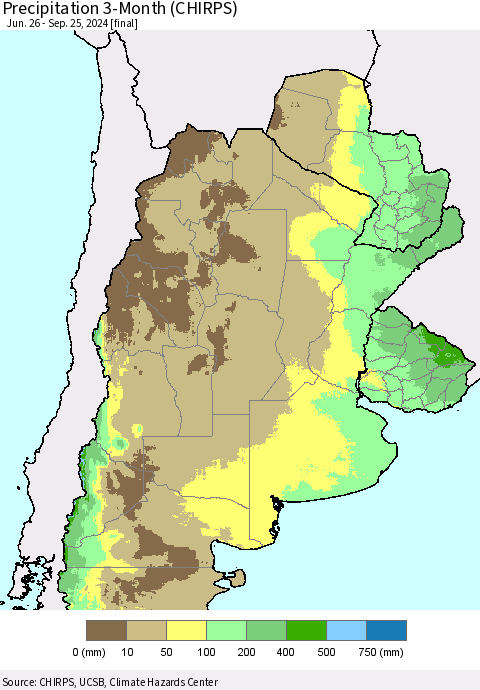 Southern South America Precipitation 3-Month (CHIRPS) Thematic Map For 6/26/2024 - 9/25/2024