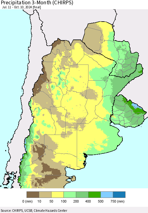 Southern South America Precipitation 3-Month (CHIRPS) Thematic Map For 7/11/2024 - 10/10/2024