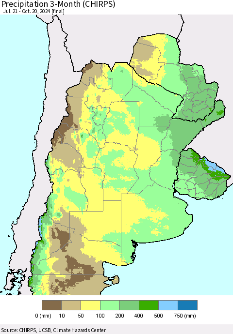 Southern South America Precipitation 3-Month (CHIRPS) Thematic Map For 7/21/2024 - 10/20/2024
